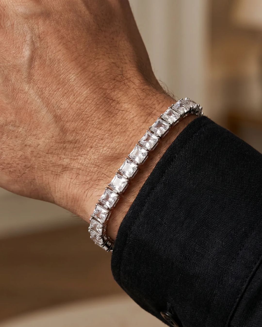 Clear Square-Stone Tennis Bracelet, 5 mm, Silver-Tone Steel