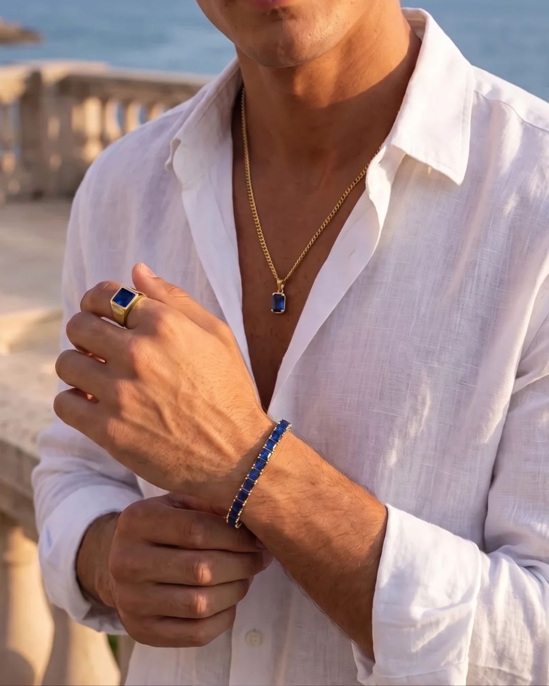 Blue Square-Stone Tennis Bracelet, 5 mm, Gold-Tone Steel