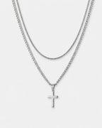Cross and Square Chain Necklace Set, 2 Pieces, Stainless Steel