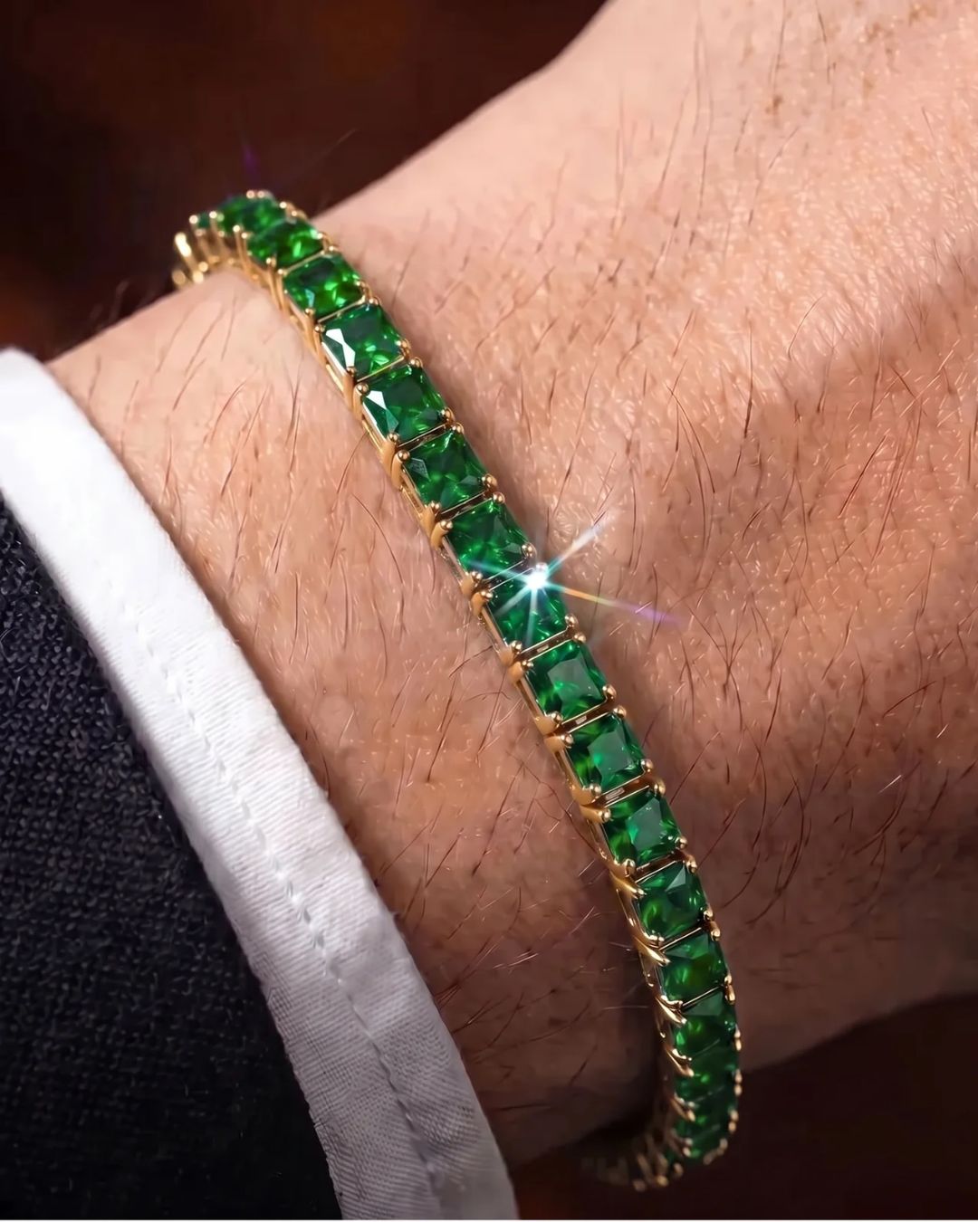 Green Square-Stone Tennis Bracelet, 5 mm, Gold-Tone Steel