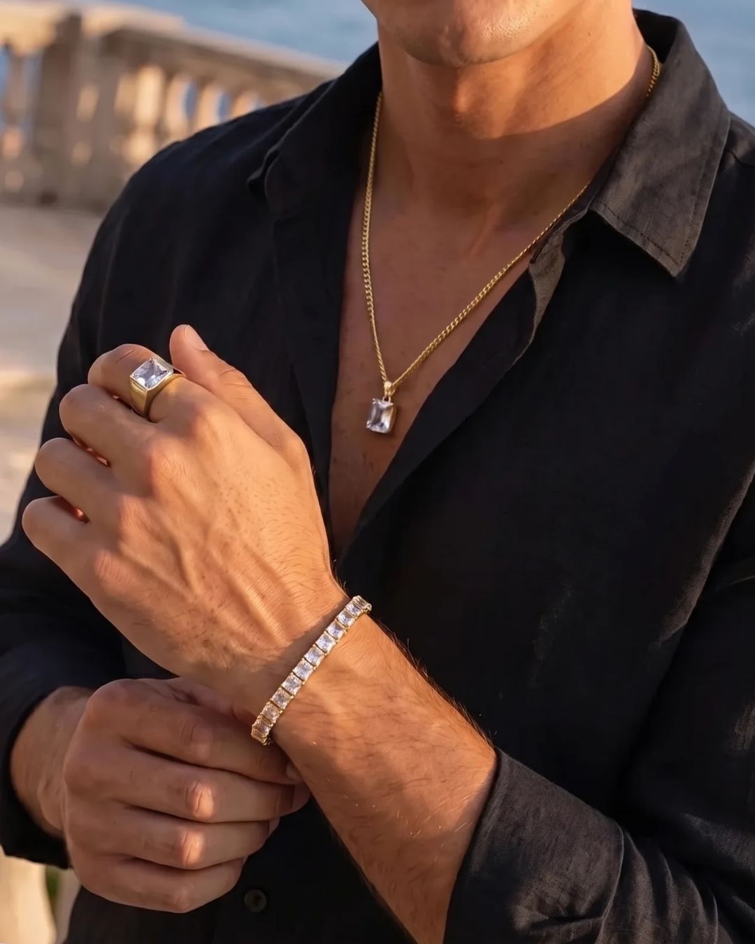 Clear Square-Stone Tennis Bracelet, 5 mm, Gold-Tone Steel