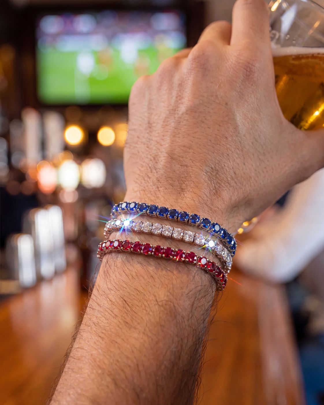 Men’s Red White Blue Tennis Bracelet Set, 3 Pieces, Silver-Plated