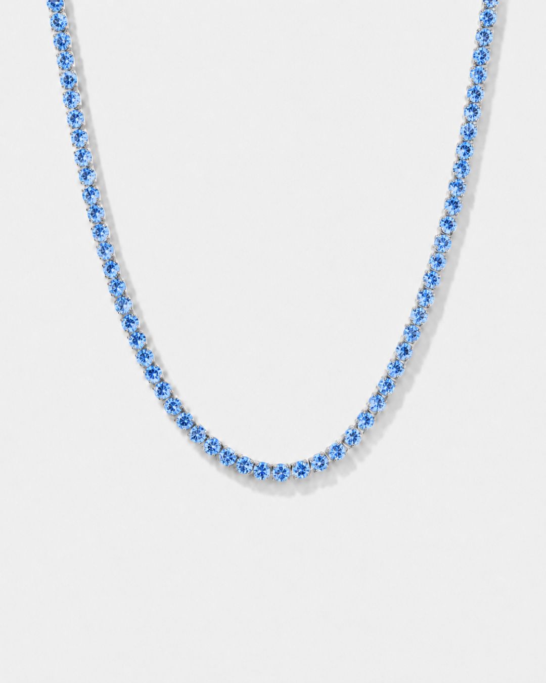 Aqua Blue Tennis Necklace, 4 mm, Silver-Plated