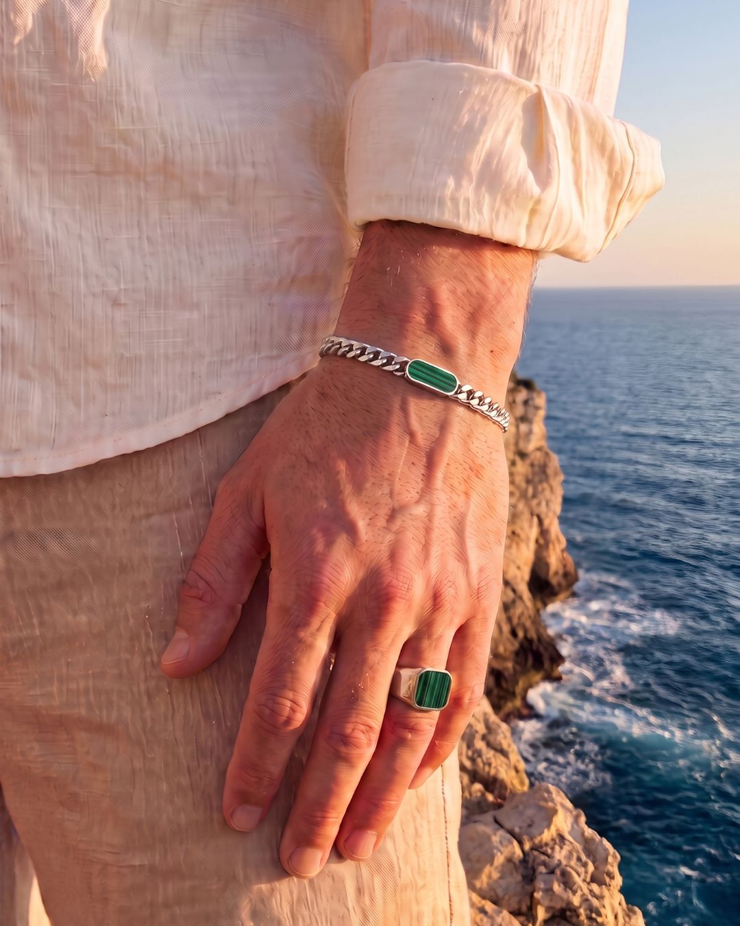 Men’s Green Inlay Cuban Chain Bracelet, Adjustable Stainless Steel