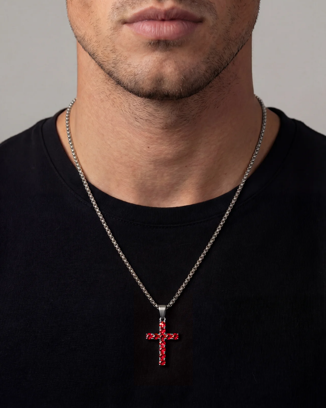Red Zirconia Cross Pendant Necklace, Silver-Tone, 60 cm