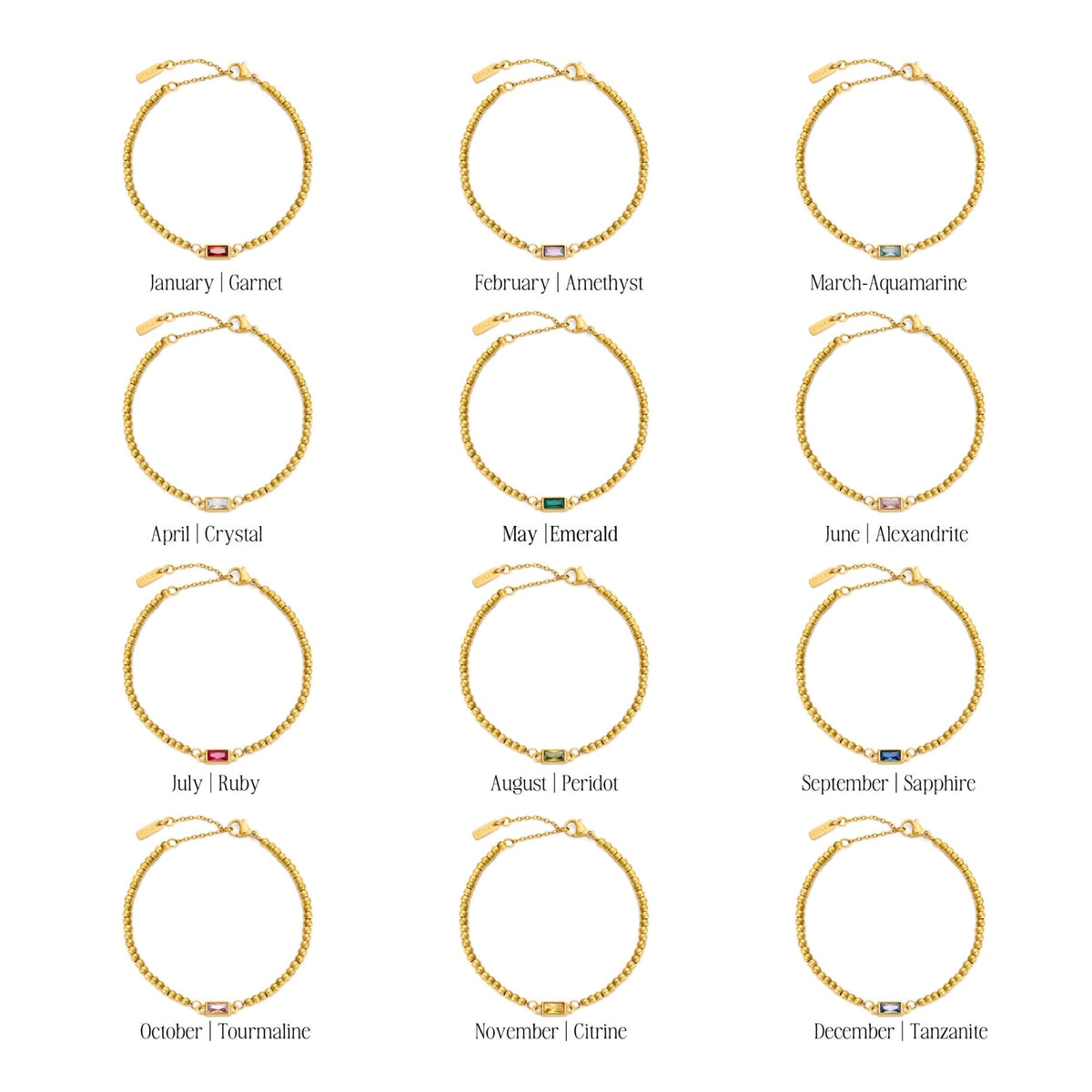 Birthstone-Color Zircon Beaded Bracelet, Gold PVD Steel