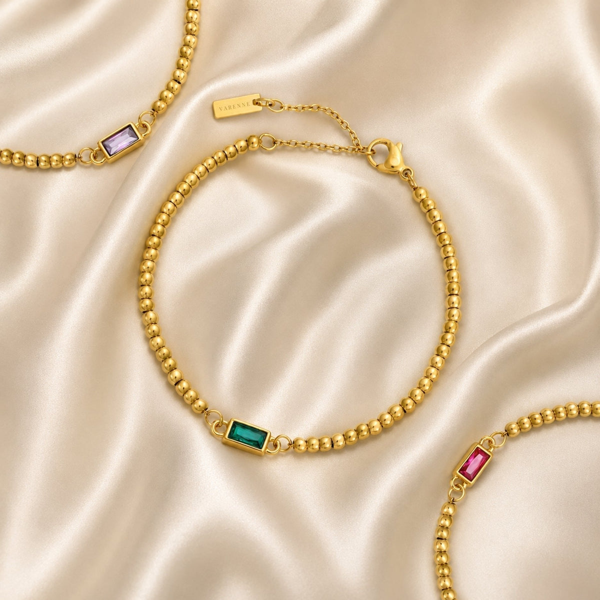 Birthstone-Color Zircon Beaded Bracelet, Gold PVD Steel