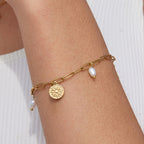 Sun Charm and Freshwater Pearl Paperclip Bracelet