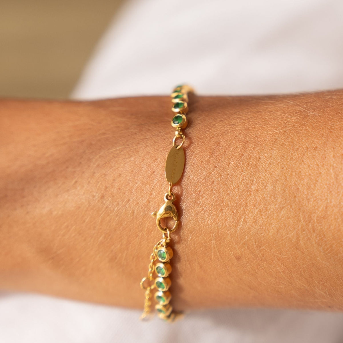 Green Bezel-Set Tennis Bracelet, Adjustable Steel Chain