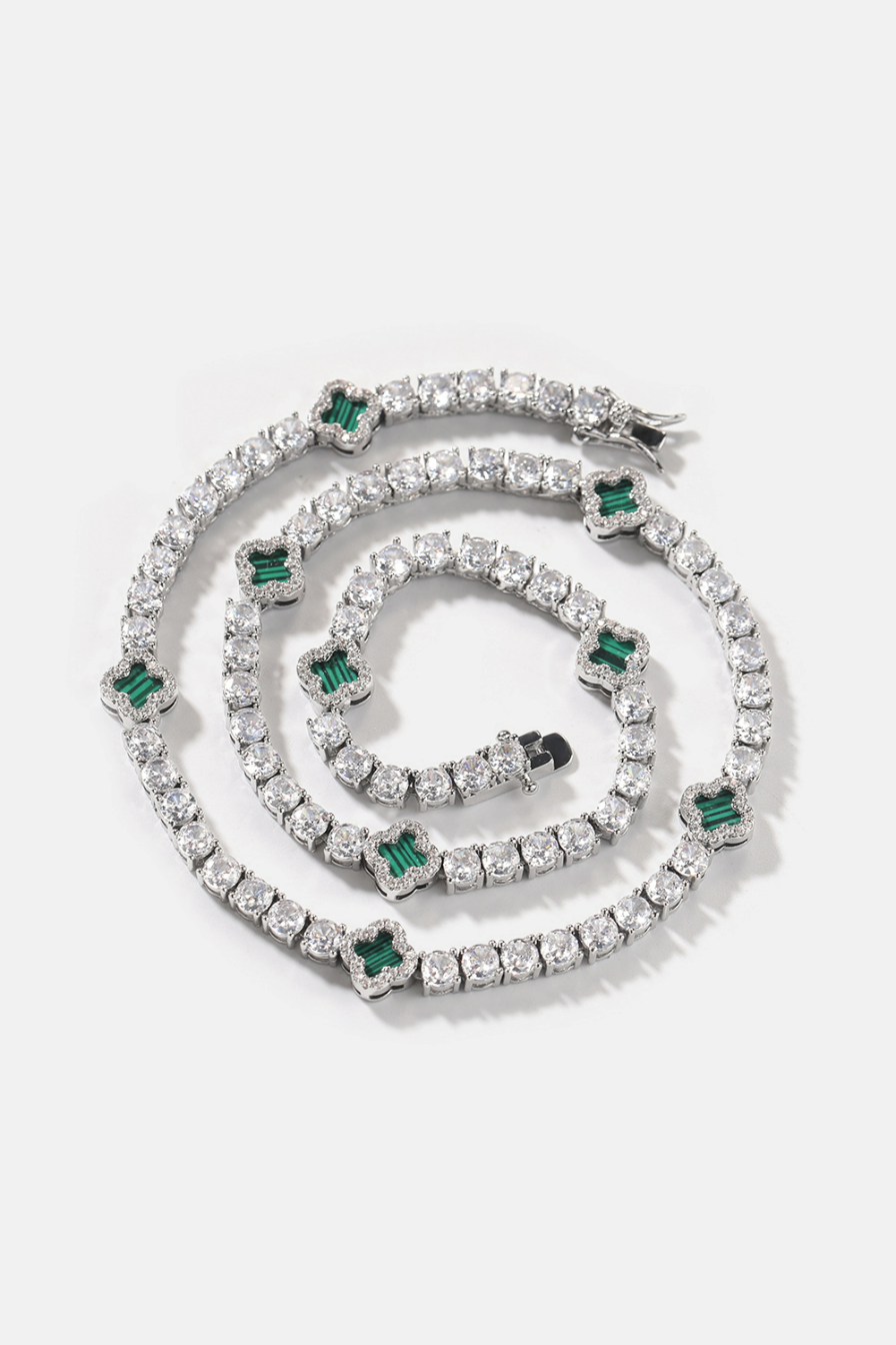Green Clover Tennis Necklace, Silver-Plated