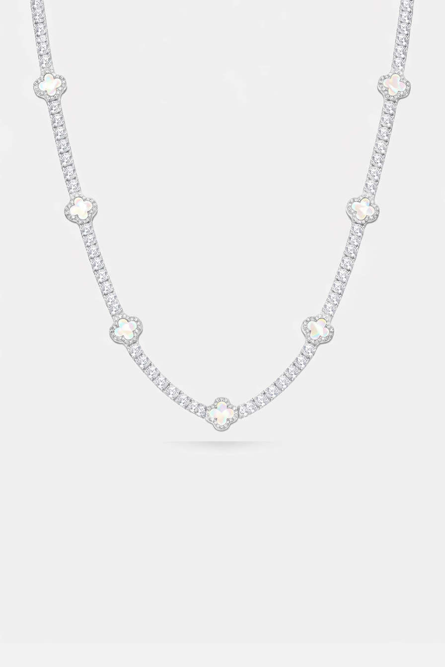 Pearlescent White Clover Tennis Necklace, Silver-Plated
