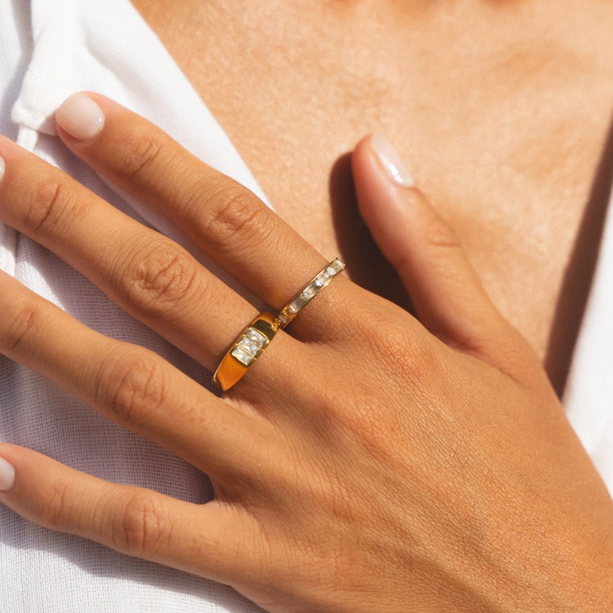 White Zircon Baguette Eternity Ring, 18K Gold PVD Steel