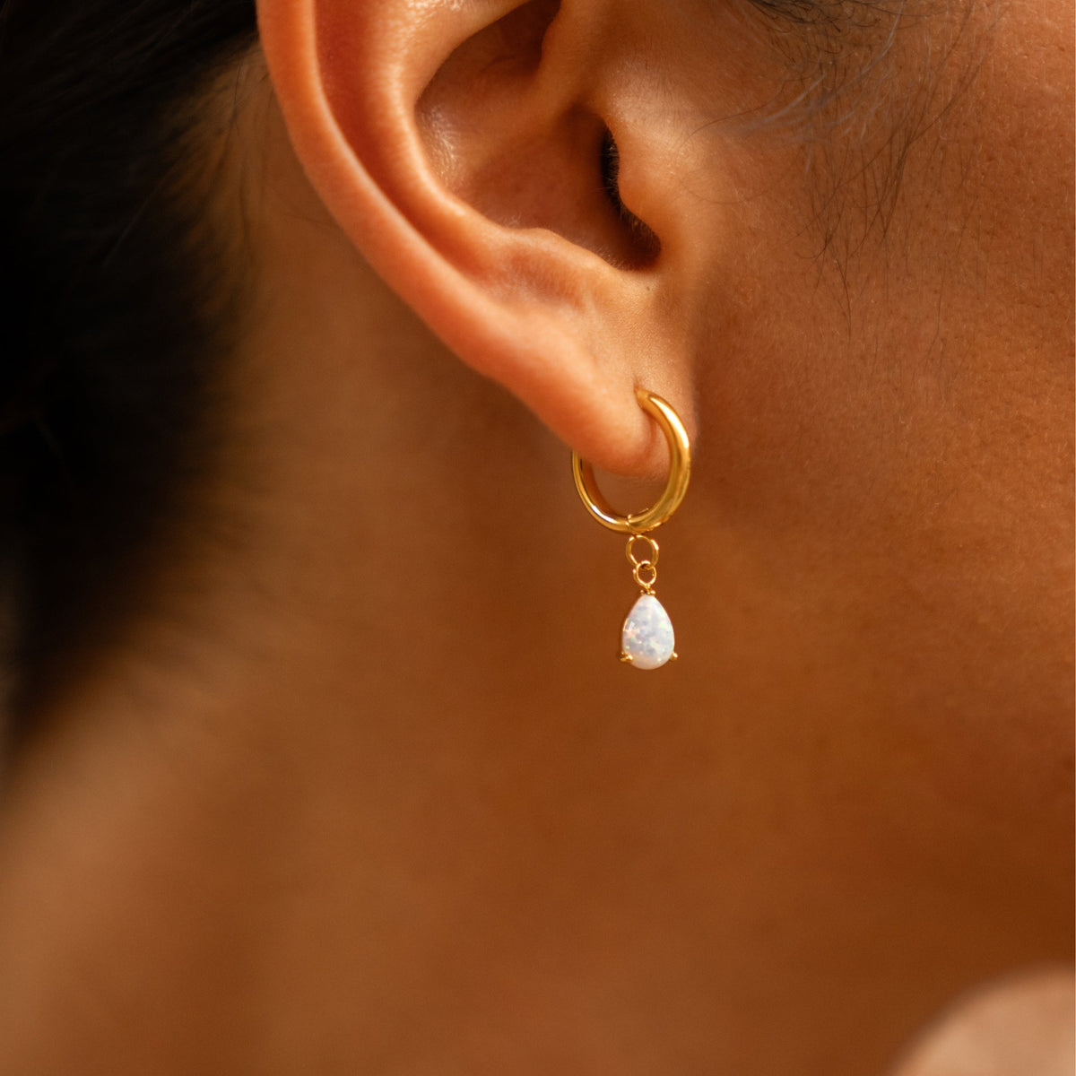 Opal Teardrop Huggie Hoop Earrings, Steel