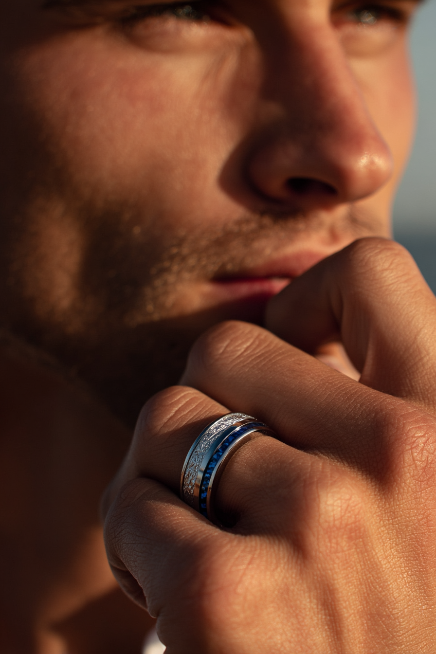 Men’s Blue Carbon Inlay Tungsten Carbide Band Ring, 8 mm