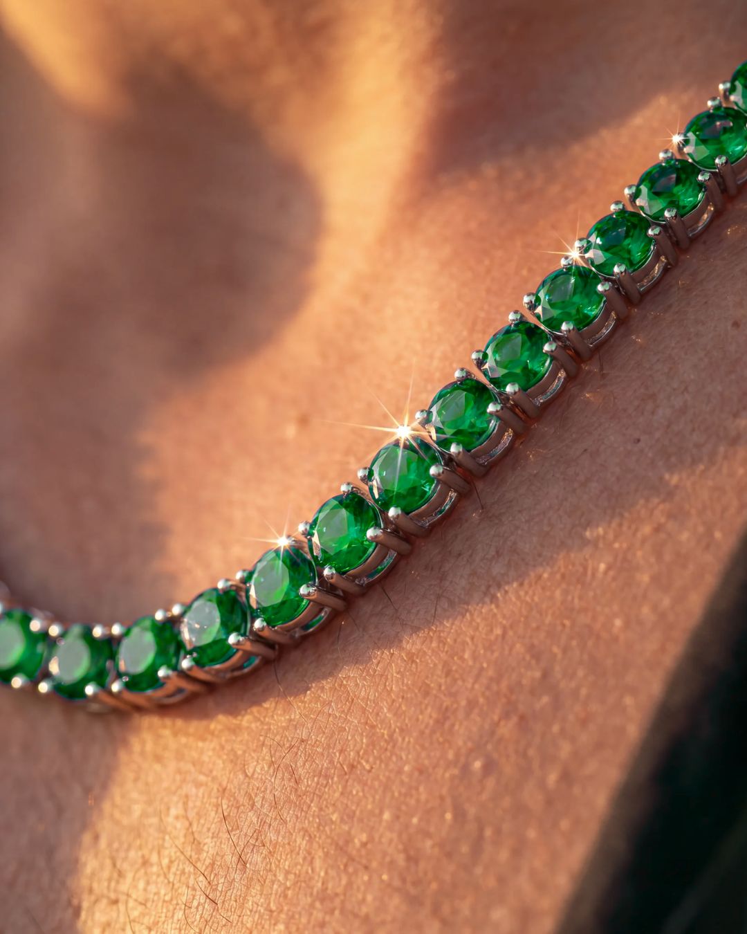 Green Zircon Tennis Necklace and Bracelet Set, 4 mm, White-Gold-Plated