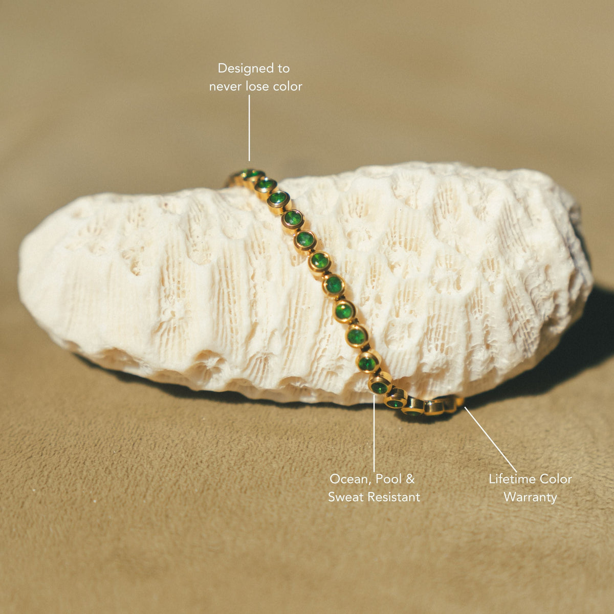 Green Bezel-Set Tennis Bracelet, Adjustable Steel Chain