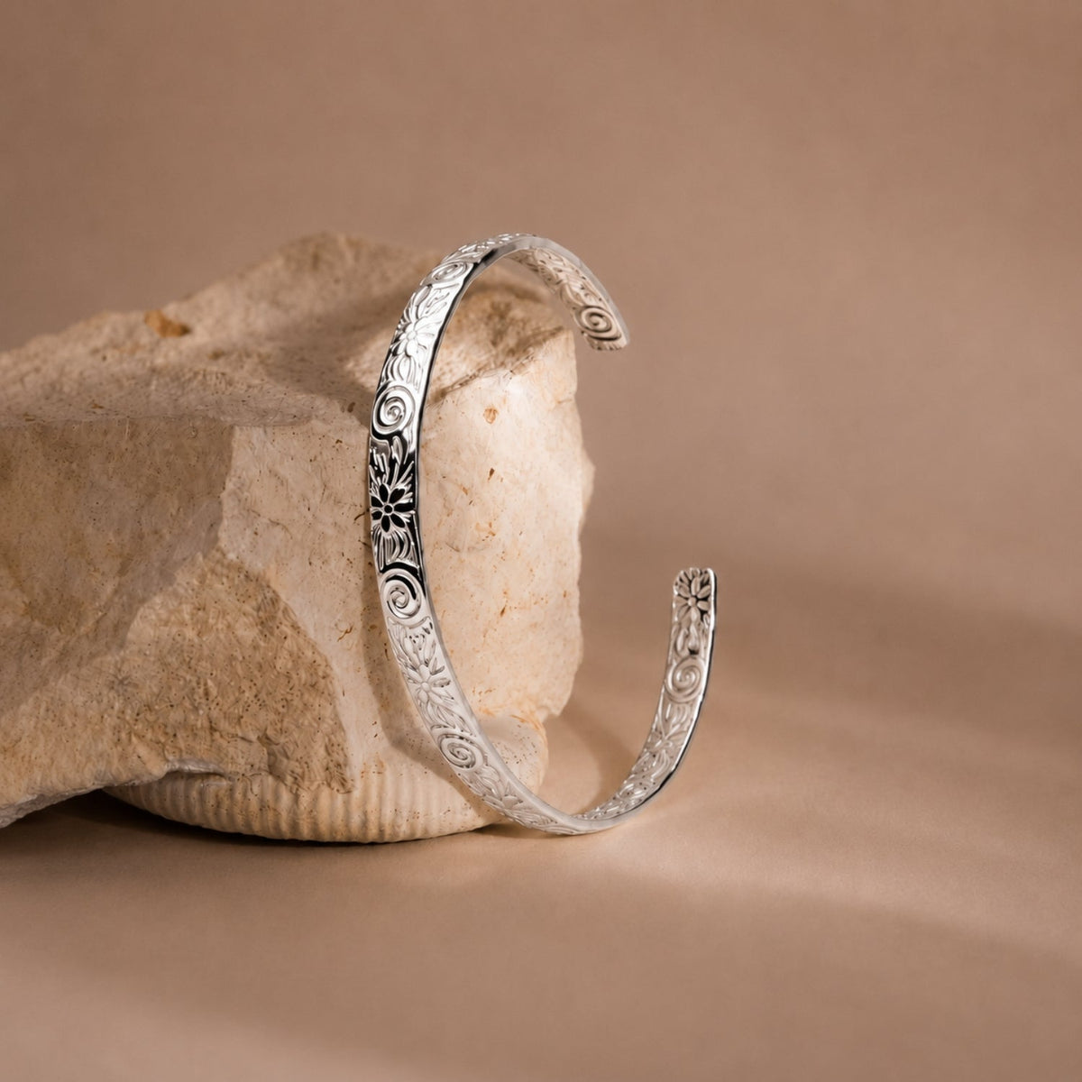 Floral Engraved Open Cuff Bracelet, Steel — Flora