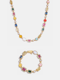 Multicolor Geometric Necklace and Bracelet Set, 18K Gold-Plated Steel