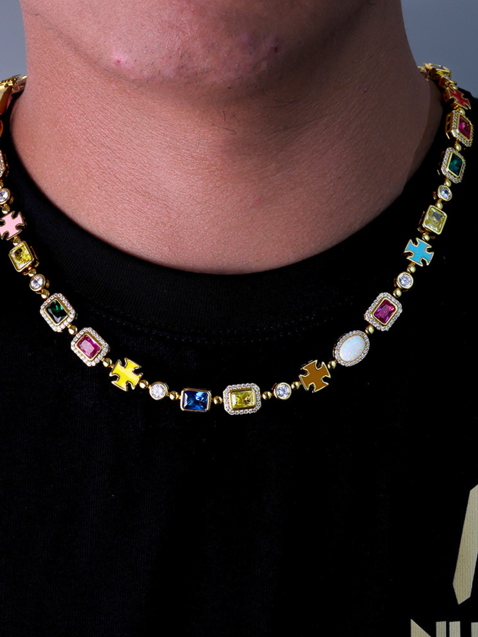 Multicolor Geometric Necklace and Bracelet Set, 18K Gold-Plated Steel