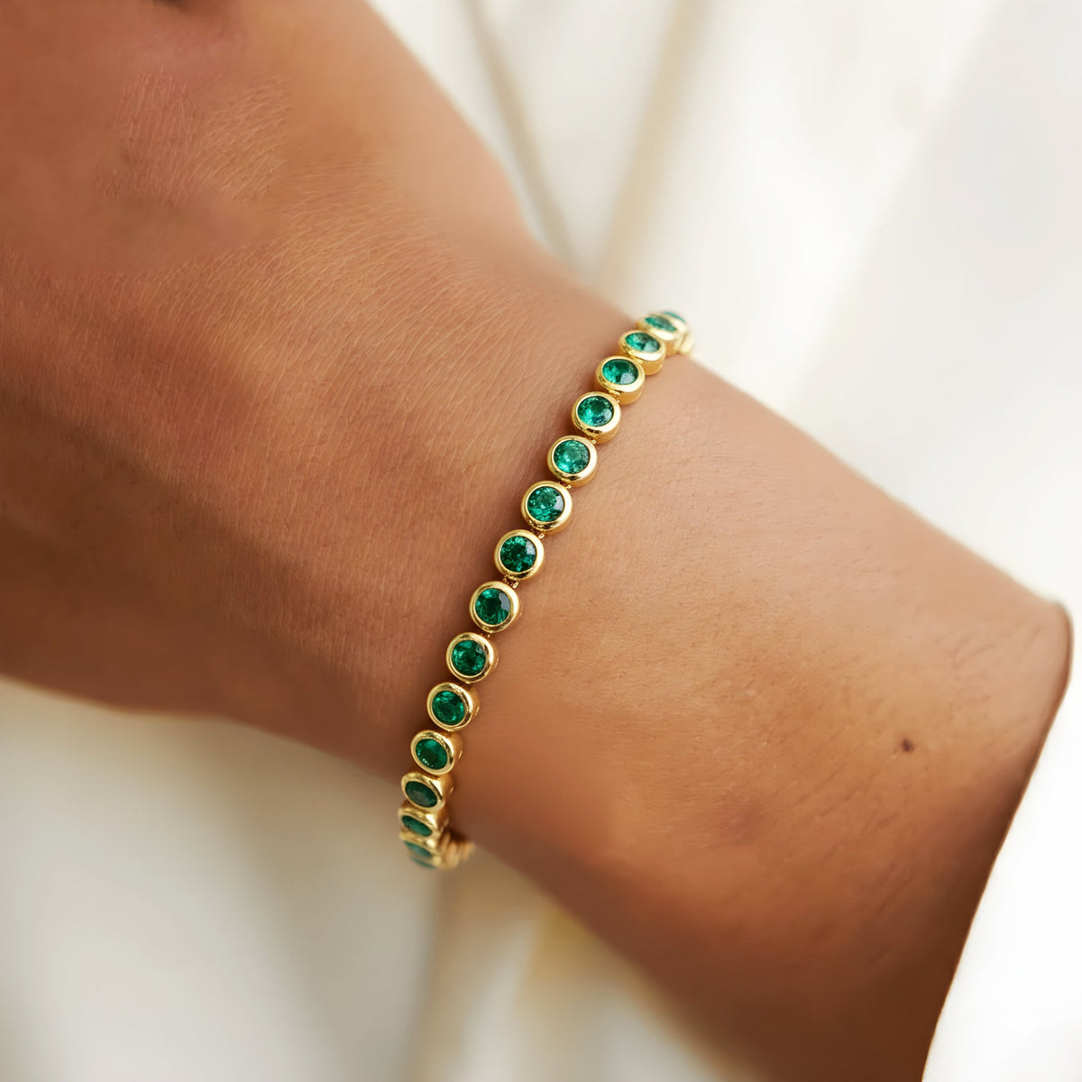 Green Bezel-Set Tennis Bracelet, Adjustable Steel Chain