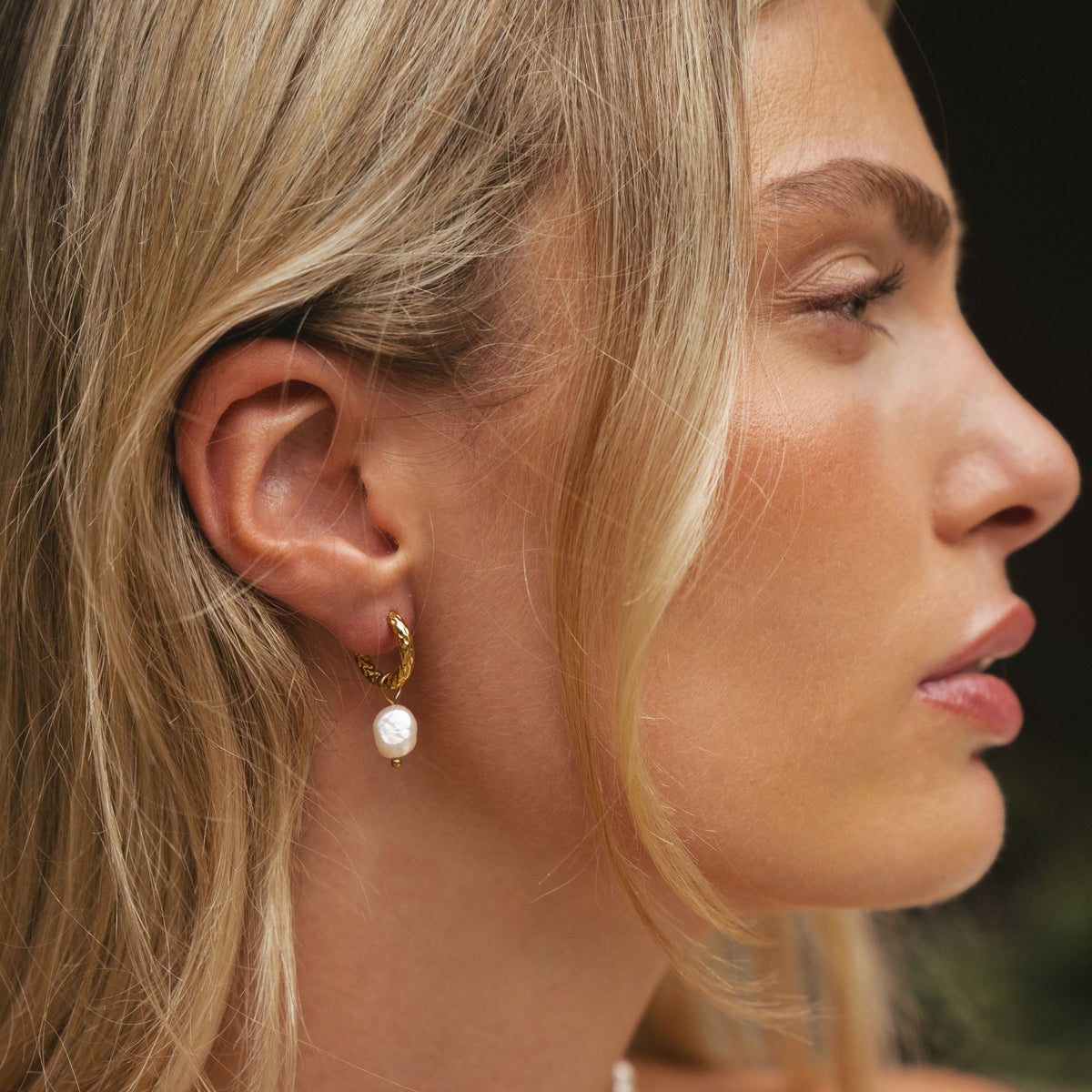 Hammered Pearl Hoop Earrings, 12 mm