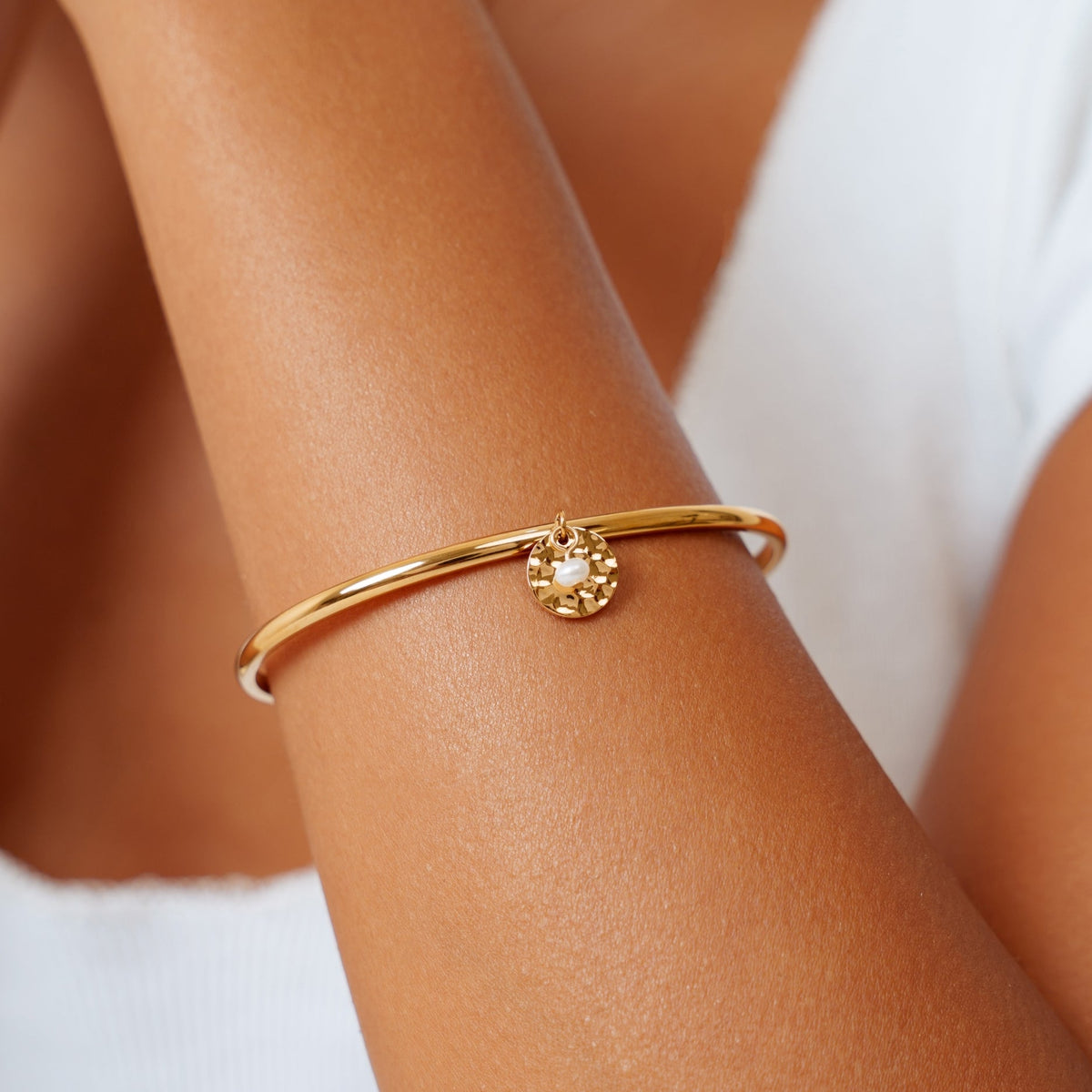 Freshwater Pearl Charm Bangle, Gold PVD Steel — Isle