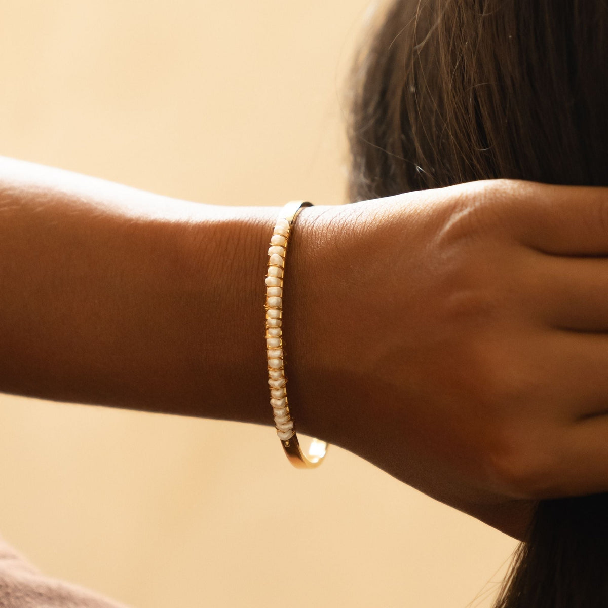 Freshwater Pearl Row Cuff Bracelet, Steel