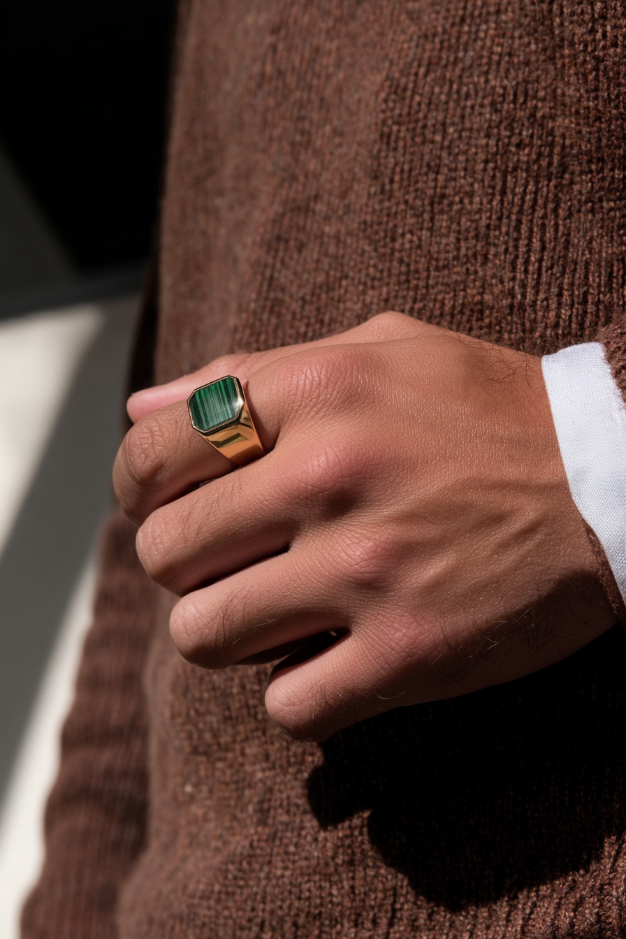 Men’s Green Malachite Signet Ring, Gold-Plated Steel — Malachio