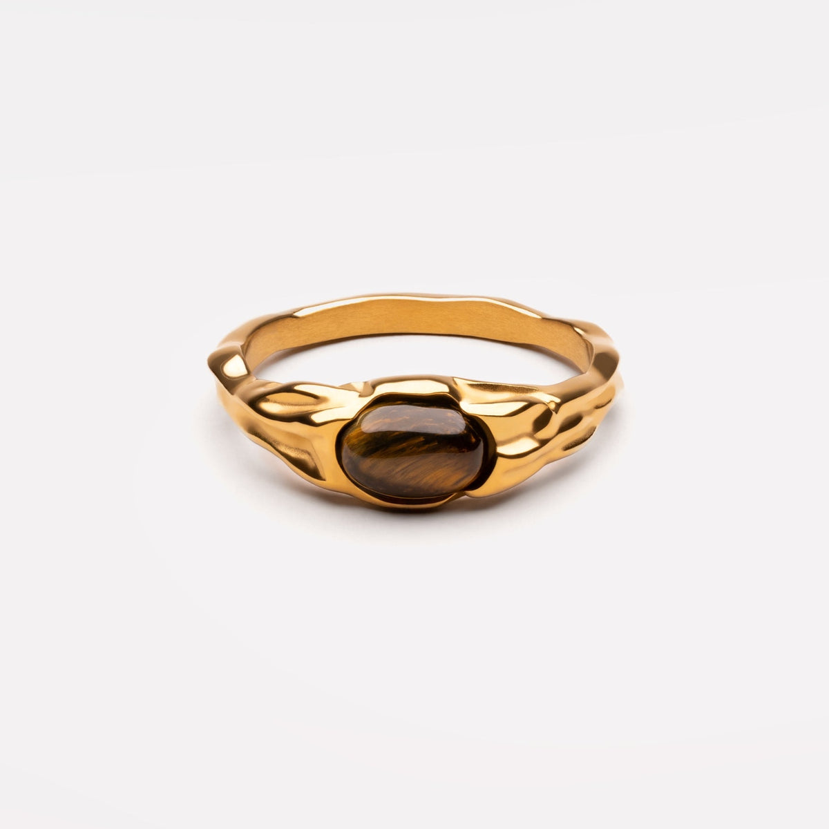 Oval Tiger Eye Ring, Sculpted Steel Band