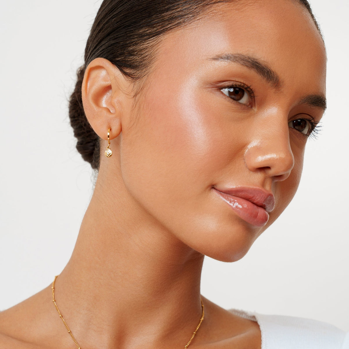 North Star Charm Earrings, White Zircon, Gold PVD Steel