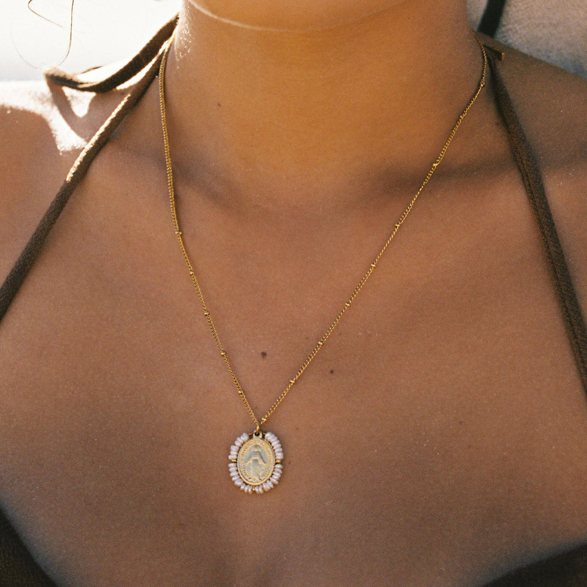 Virgin Mary Pearl Medallion Necklace — Grace