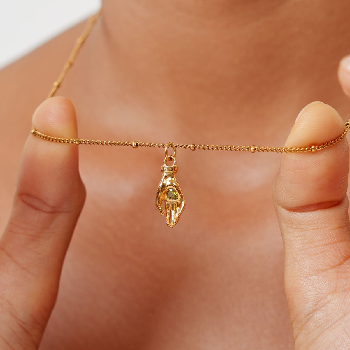 Hand Pendant Necklace with Green Zircon