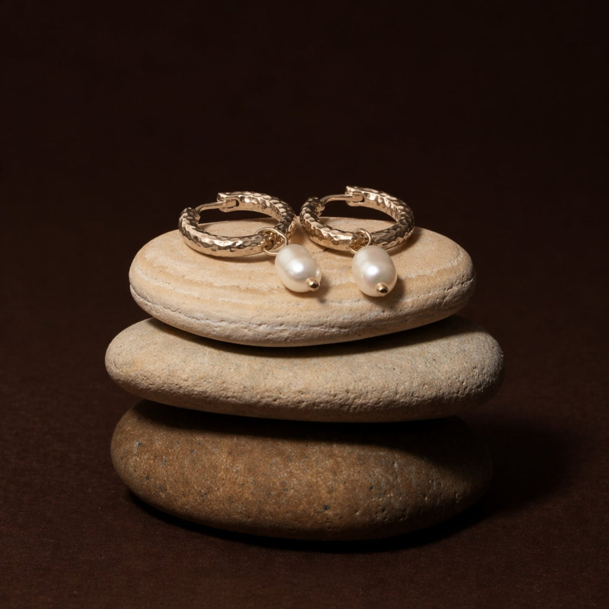 Hammered Pearl Hoop Earrings, 12 mm