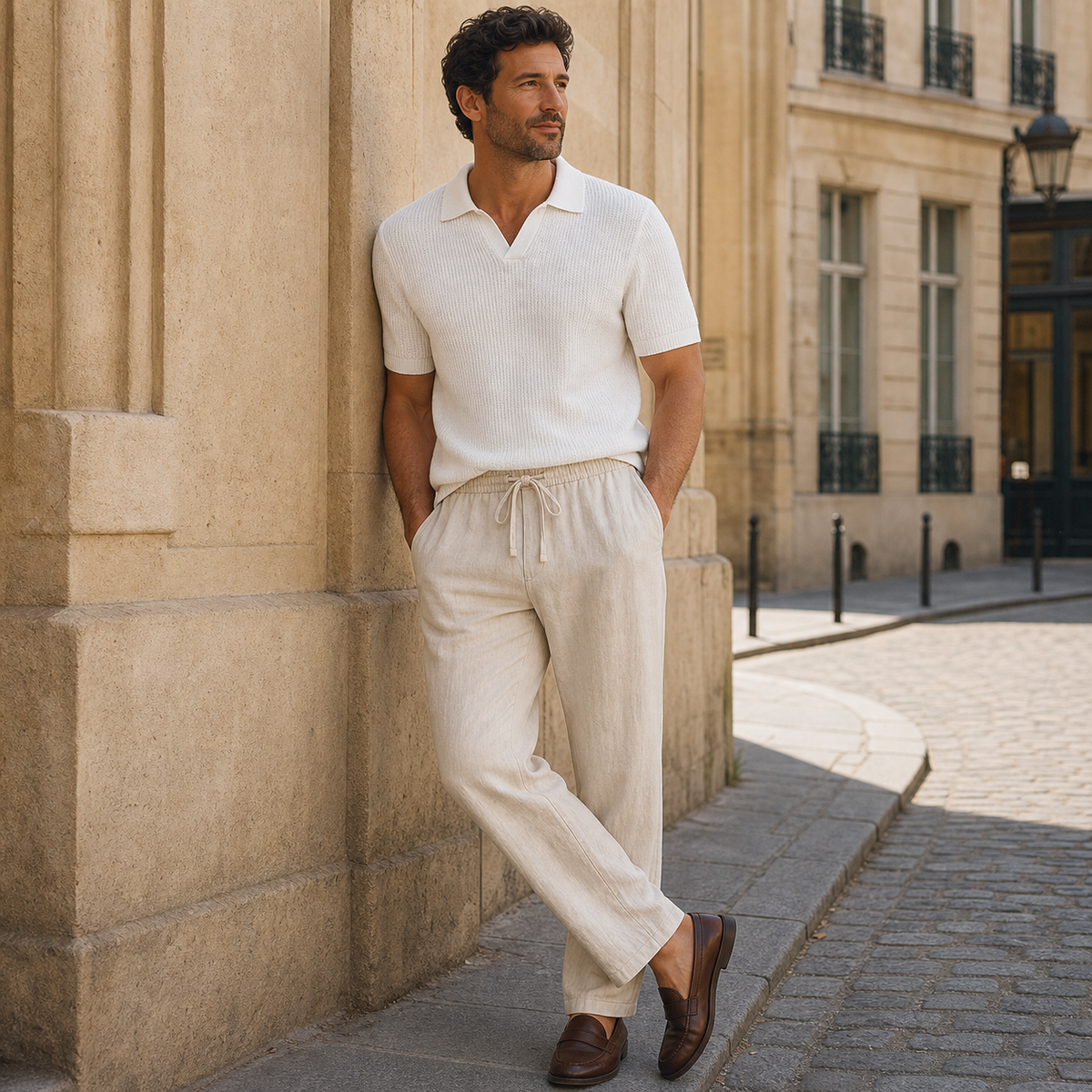 Men's Cotton-Linen Straight-Leg Drawstring Trousers 13