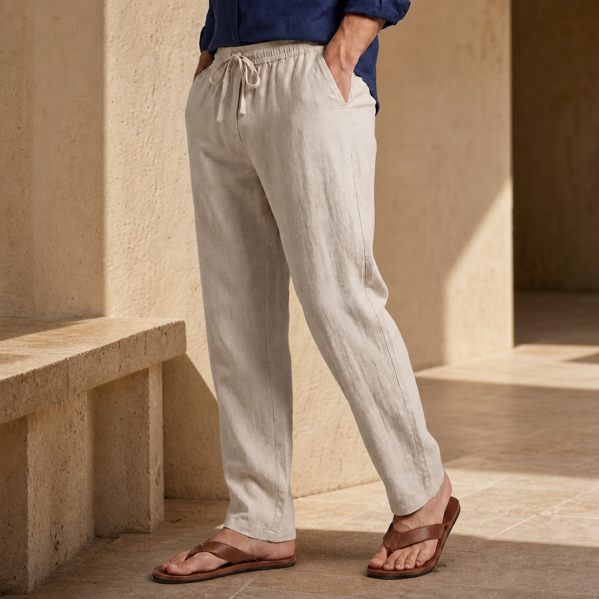 Men's Cotton-Linen Straight-Leg Drawstring Trousers 15