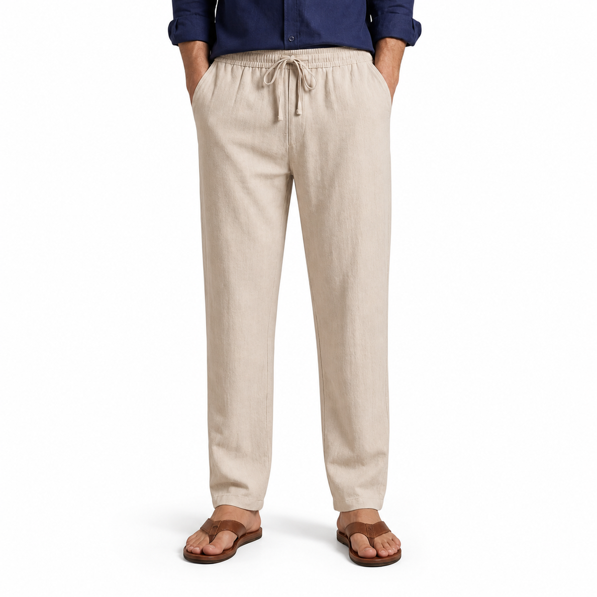 Men's Cotton-Linen Straight-Leg Drawstring Trousers 3