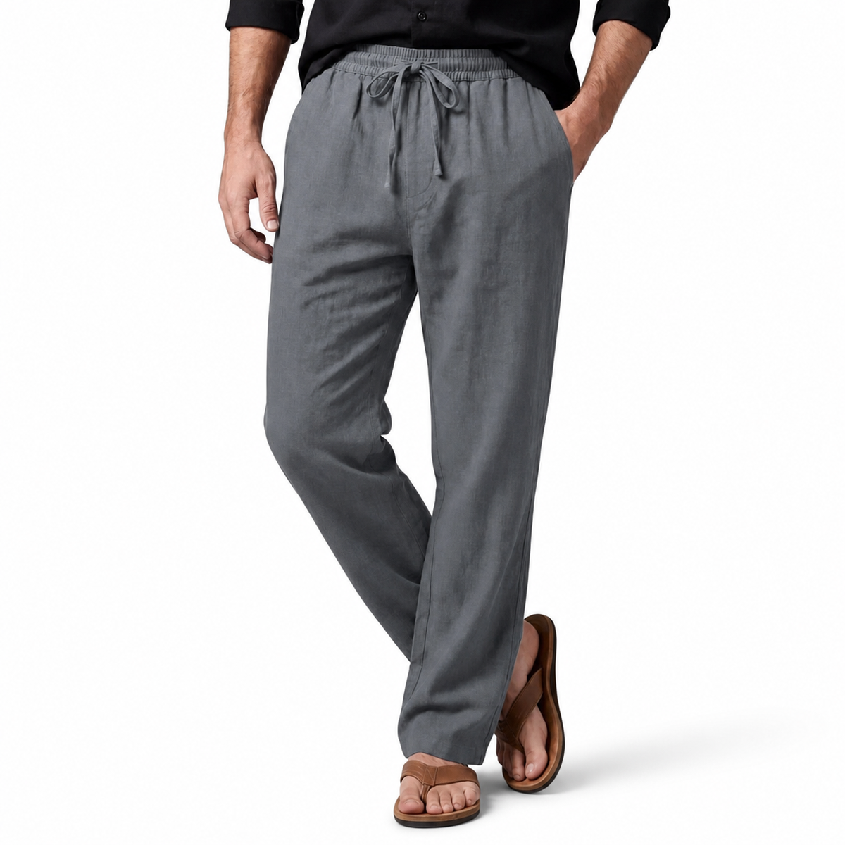 Men's Cotton-Linen Straight-Leg Drawstring Trousers 11