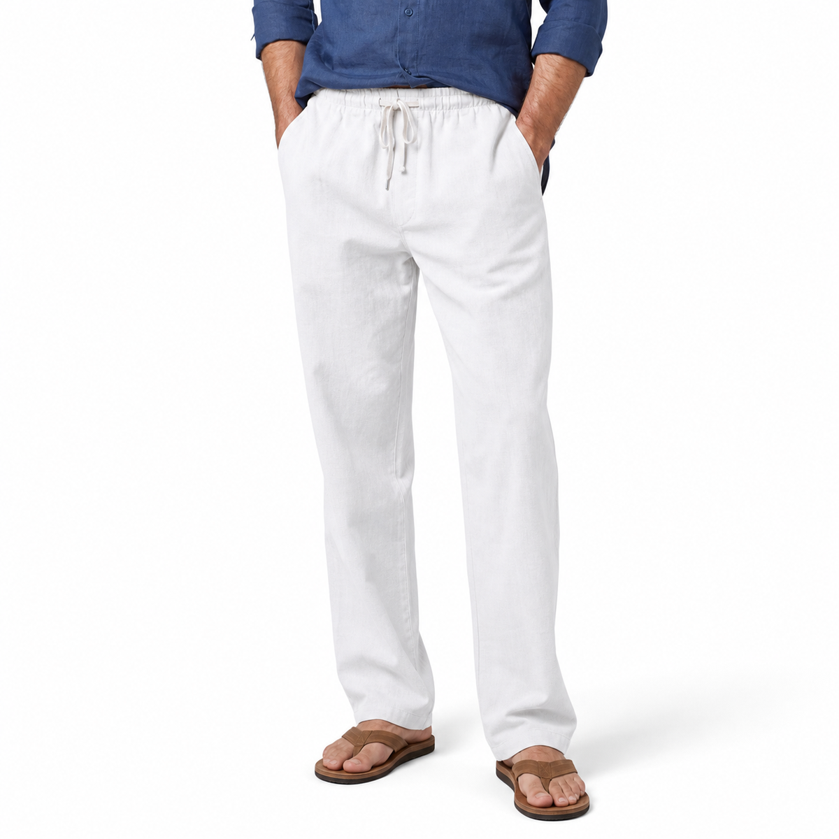 Men's Cotton-Linen Straight-Leg Drawstring Trousers 7