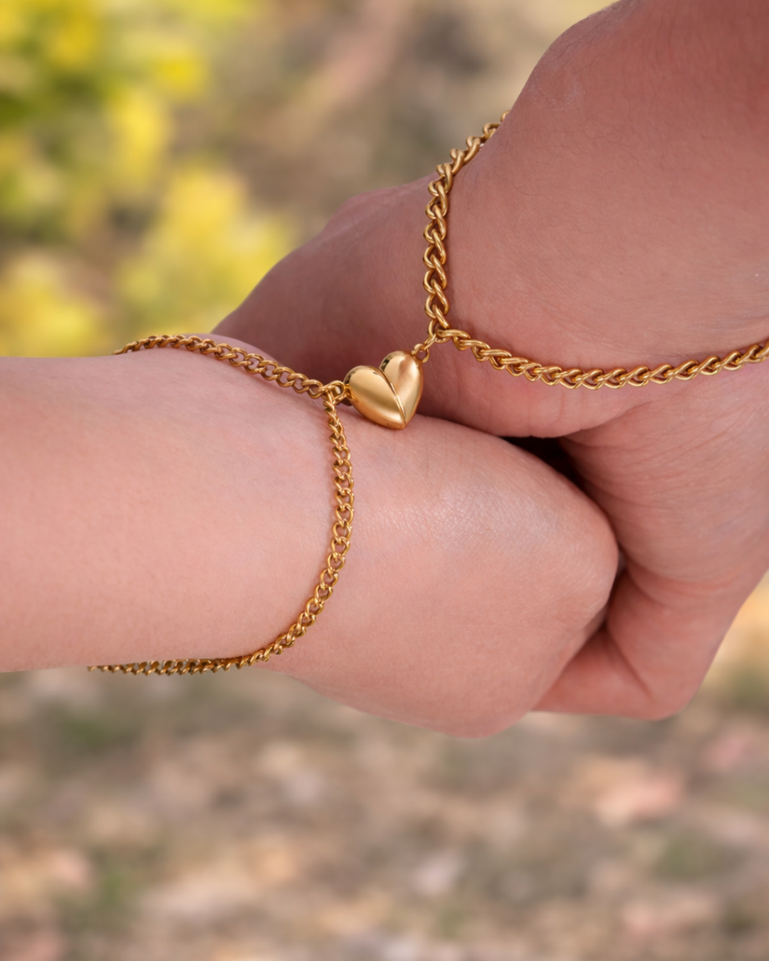 Magnetic Heart Cuban Chain Bracelet Set, 2 Pieces, Gold-Tone