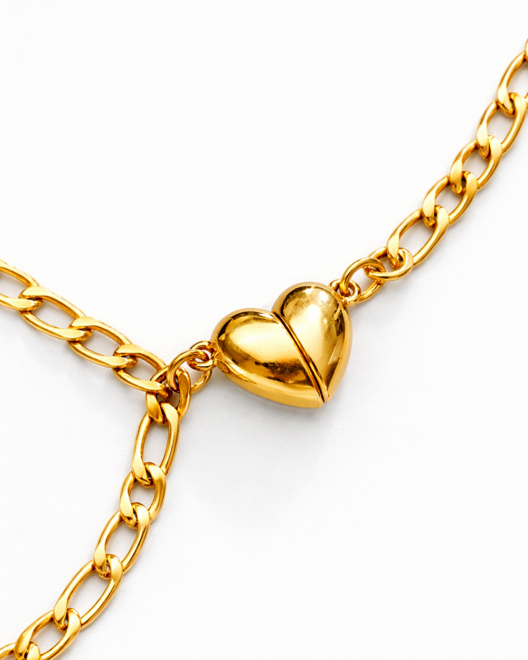 Magnetic Heart Cuban Chain Bracelet Set, 2 Pieces, Gold-Tone