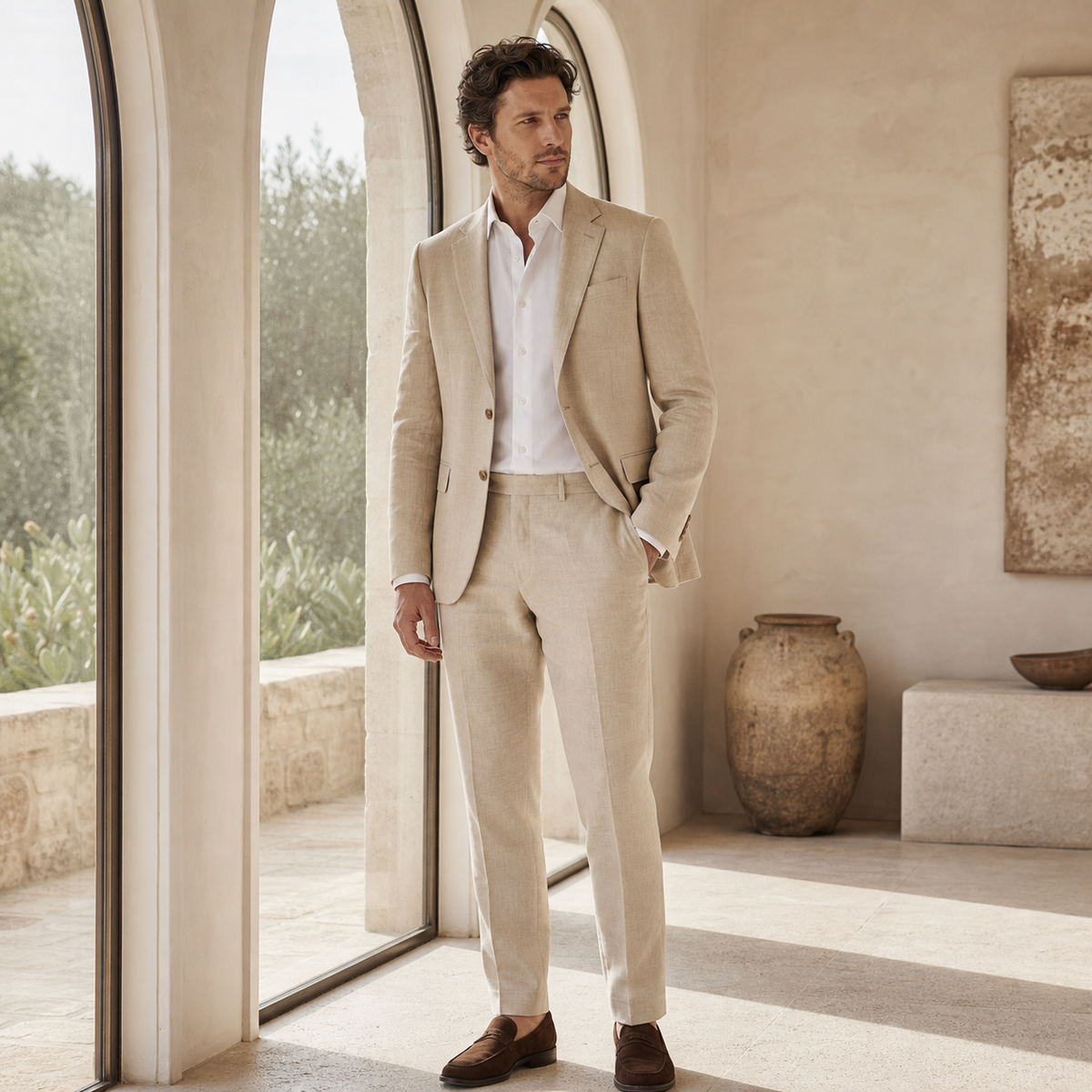 Men's Beige Linen-Blend Tailored Summer Suit Set for Weddings 6