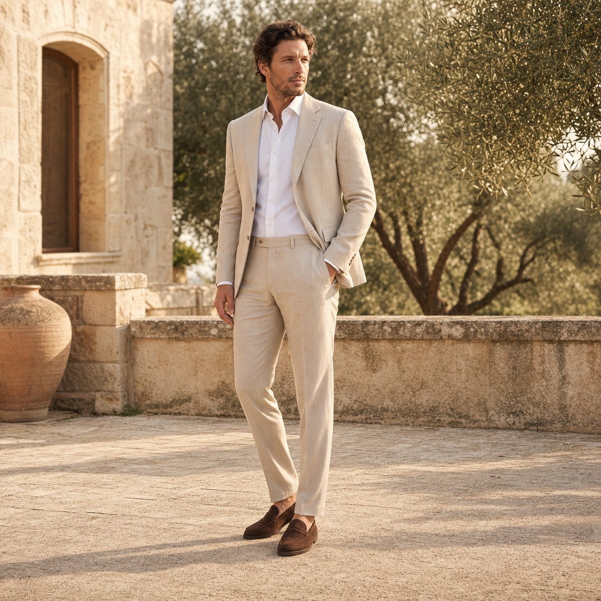 Men's Beige Linen-Blend Tailored Summer Suit Set for Weddings 5