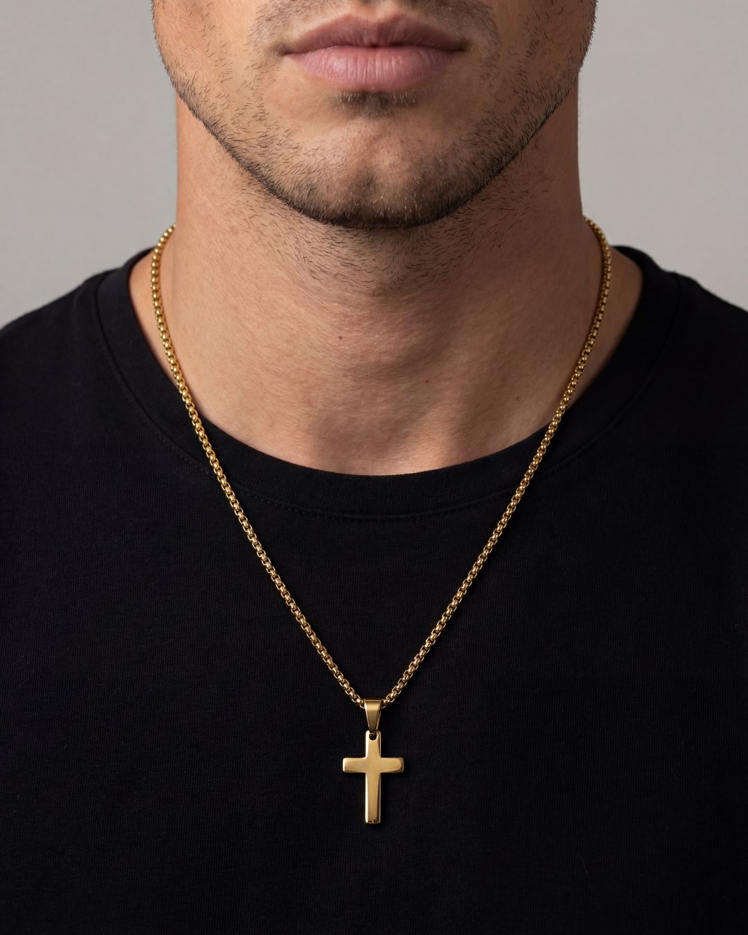 Minimal Cross Pendant Necklace, 18K Gold-Plated Steel