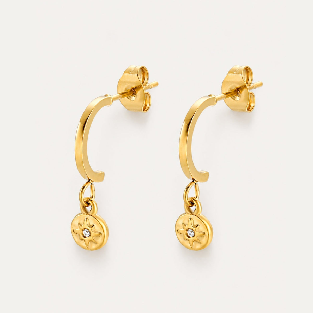 North Star Charm Earrings, White Zircon, Gold PVD Steel