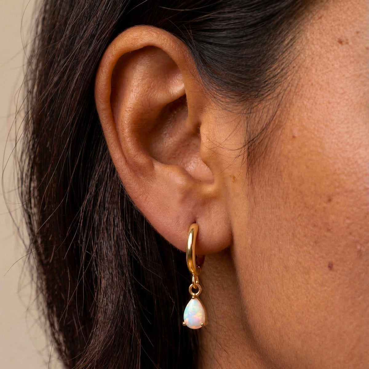 Opal Teardrop Huggie Hoop Earrings, Steel