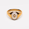 White Enamel and Zircon Signet Ring, Gold PVD Steel — Polar