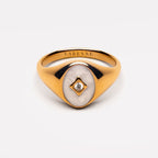 White Enamel and Zircon Signet Ring, Gold PVD Steel — Polar