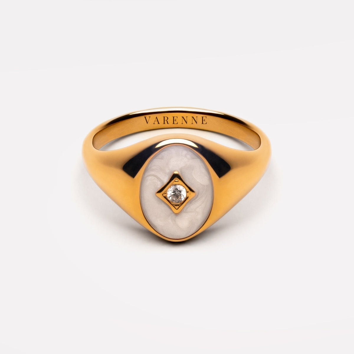 White Enamel and Zircon Signet Ring, Gold PVD Steel — Polar