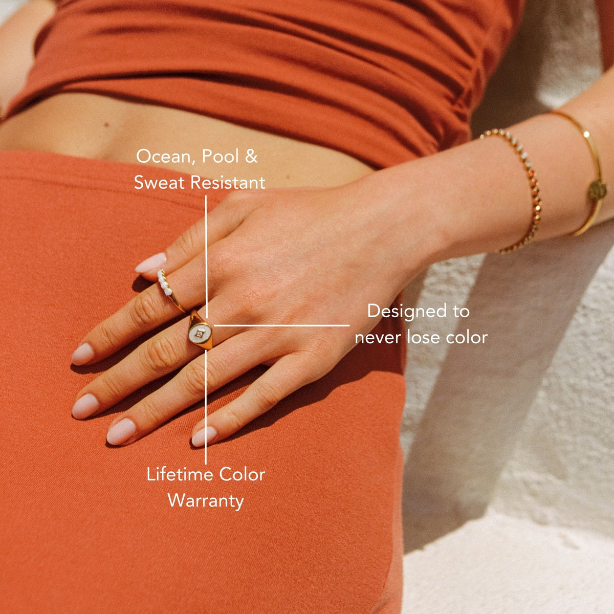 White Enamel and Zircon Signet Ring, Gold PVD Steel — Polar