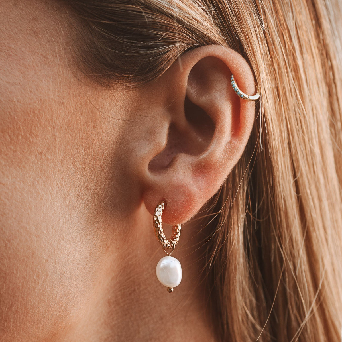 Hammered Pearl Hoop Earrings, 12 mm